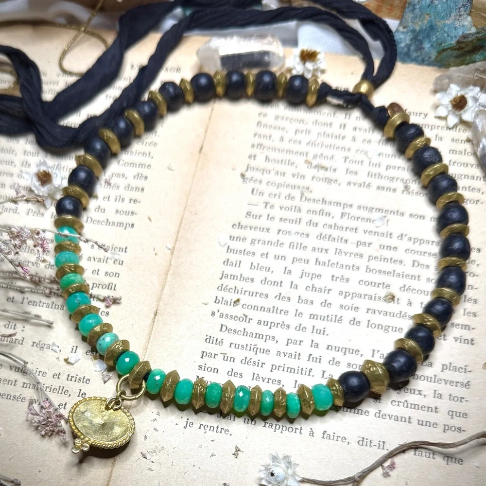 Artisan Silk Strung Chrysoprase 24k Gold Plated Jade Pendant Adjustable Choker